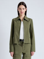 Front cropped image of model wearing Barnes Jacket in Rumpled Cotton in DARK OLIVE