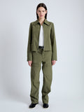 Front full length image of model wearing Barnes Jacket in Rumpled Cotton in DARK OLIVE