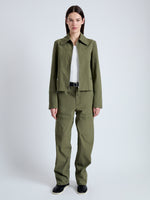 Front full length image of model wearing Barnes Jacket in Rumpled Cotton in DARK OLIVE