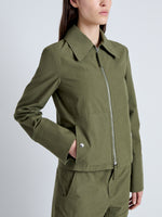 Detail image of model wearing Barnes Jacket in Rumpled Cotton in DARK OLIVE