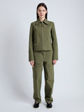 Front full length image of model wearing Barnes Jacket in Rumpled Cotton in DARK OLIVE