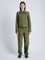 Front full length image of model wearing Barnes Jacket in Rumpled Cotton in DARK OLIVE