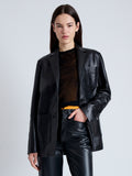 Cropped front image of model wearing Tesema Blazer in Leather in BLACK