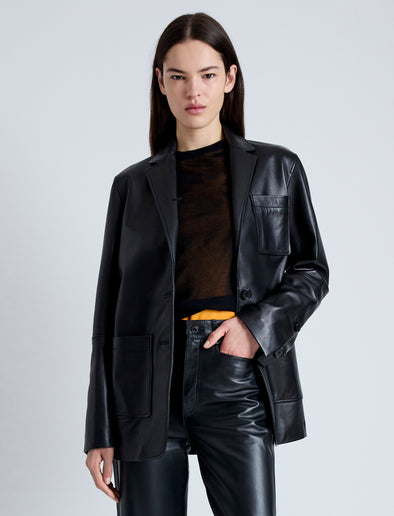 Cropped front image of model wearing Tesema Blazer in Leather in BLACK