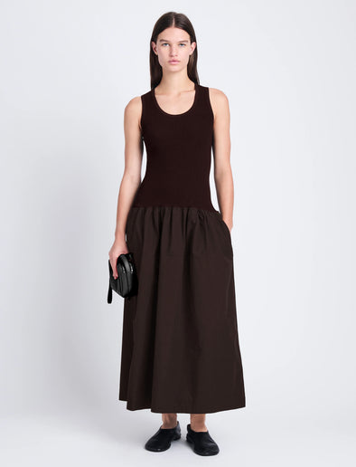 Front full length image of model wearing Malia Dress in Peached Poplin in DARK HICKORY