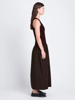 Side full length image of model wearing Malia Dress in Peached Poplin in DARK HICKORY