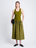 Front full length image of model wearing Malia Dress in Peached Poplin in OLIVE