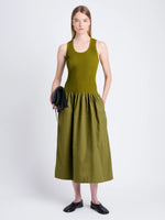 Front full length image of model wearing Malia Dress in Peached Poplin in OLIVE