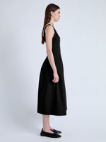 Side full length image of model wearing Allen Dress in Solid Cotton Linen in BLACK