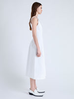 Side full length image of model wearing Allen Dress in Rumpled Cotton in WHITE