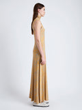 Side image of model wearing Jamie Dress in Shadow Print Jersey in STERLING/MARIGOLD