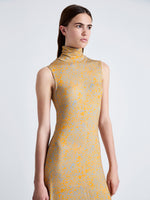 Detail image of model wearing Jamie Dress in Shadow Print Jersey in STERLING/MARIGOLD