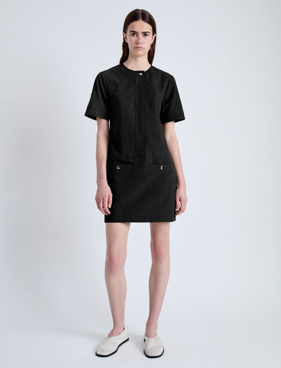 Front full length image of model wearing Watson Dress in Solid Cotton Linen in BLACK