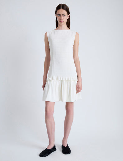 Front full length image of model wearing Martine Dress in Micro Pleat in OFF WHITE