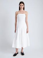 Front full length image of model wearing Warren Dress in Tech Poplin in WHITE