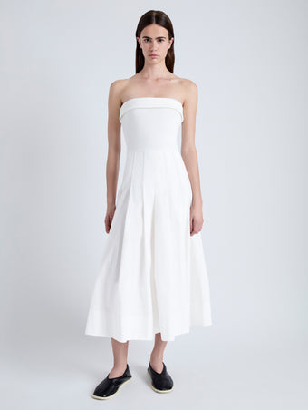 Front full length image of model wearing Warren Dress in Tech Poplin in WHITE