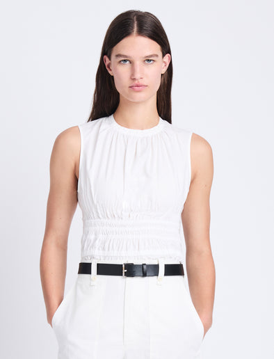 Front cropped image of model wearing Birdie Top in Poplin in OFF WHITE