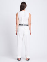 Back full length image of model wearing Birdie Top in Poplin in OFF WHITE