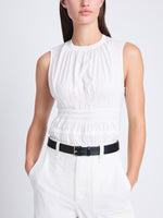 Detail image of model wearing Birdie Top in Poplin in OFF WHITE