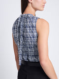 Detail image of model wearing Birdie Top in Grid Poplin in NAVY/OFF WHITE