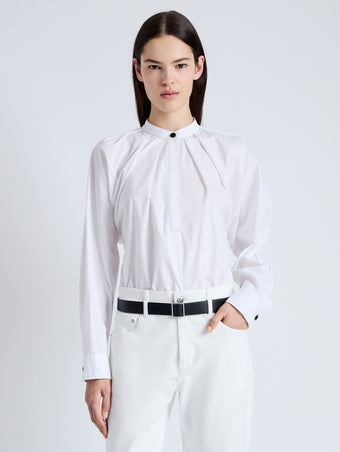 Front cropped image of model wearing Carter Top in Tech Poplin in WHITE