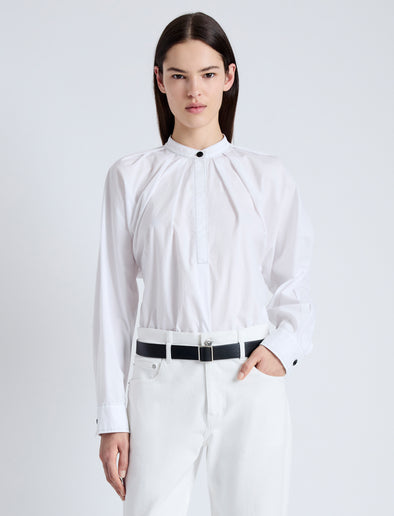 Front cropped image of model wearing Carter Top in Tech Poplin in WHITE