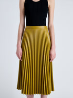 Detail image of model wearing Daphne Skirt in Faux Leather in CHAI