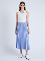 Front image of model wearing Pleated Miles Skirt in Crepe in PALE IRIS/BLACK