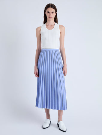 Front image of model wearing Pleated Miles Skirt in Crepe in PALE IRIS/BLACK