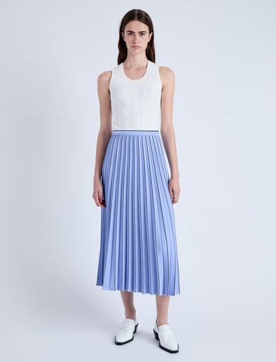 Front image of model wearing Pleated Miles Skirt in Crepe in PALE IRIS/BLACK