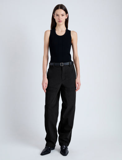 Front image of model wearing Sydnor Pants in Solid Cotton Linen in BLACK