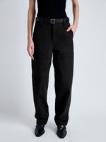 Detail image of model wearing Sydnor Pants in Solid Cotton Linen in BLACK