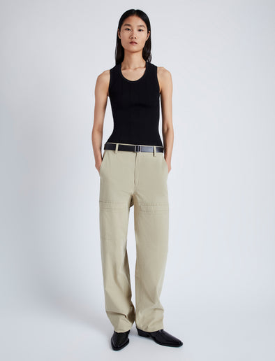 Front image of model wearing Sydnor Pants in Rumpled Cotton in khaki