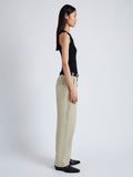 Side image of model wearing Sydnor Pants in Rumpled Cotton in khaki