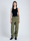 Front image of model wearing Sydnor Pants in Rumpled Cotton in Dark Olive