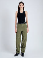 Front image of model wearing Sydnor Pants in Rumpled Cotton in Dark Olive