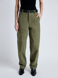 Detail image of model wearing Sydnor Pants in Rumpled Cotton in Dark Olive