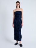 Front full length image of model wearing Ward Knit Dress in Printed Rib in NAVY/BLACK