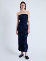 Front full length image of model wearing Ward Knit Dress in Printed Rib in NAVY/BLACK