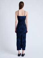 Back full length image of model wearing Ward Knit Dress in Printed Rib in NAVY/BLACK