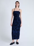 Front full length image of model wearing Ward Knit Dress in Printed Rib in NAVY/BLACK