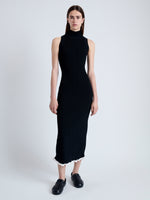 Front full length image of model wearing Kim Knit Dress in Compact Pointelle Rib in BLACK