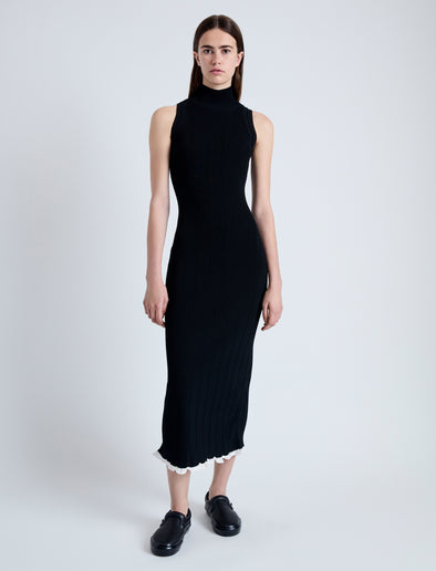 Front full length image of model wearing Kim Knit Dress in Compact Pointelle Rib in BLACK