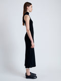 Side full length image of model wearing Kim Knit Dress in Compact Pointelle Rib in BLACK