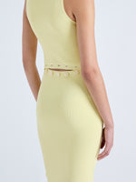 Detail image of model wearing Cole Knit Dress in Viscose Rib in PALE YELLOW