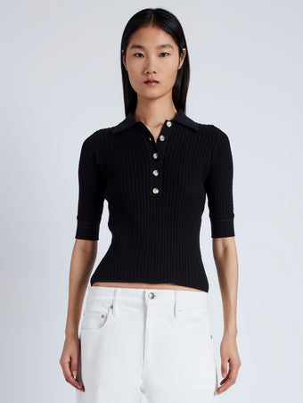 Front cropped image of model wearing Cooper Knit Polo in Micro Cable in BLACK