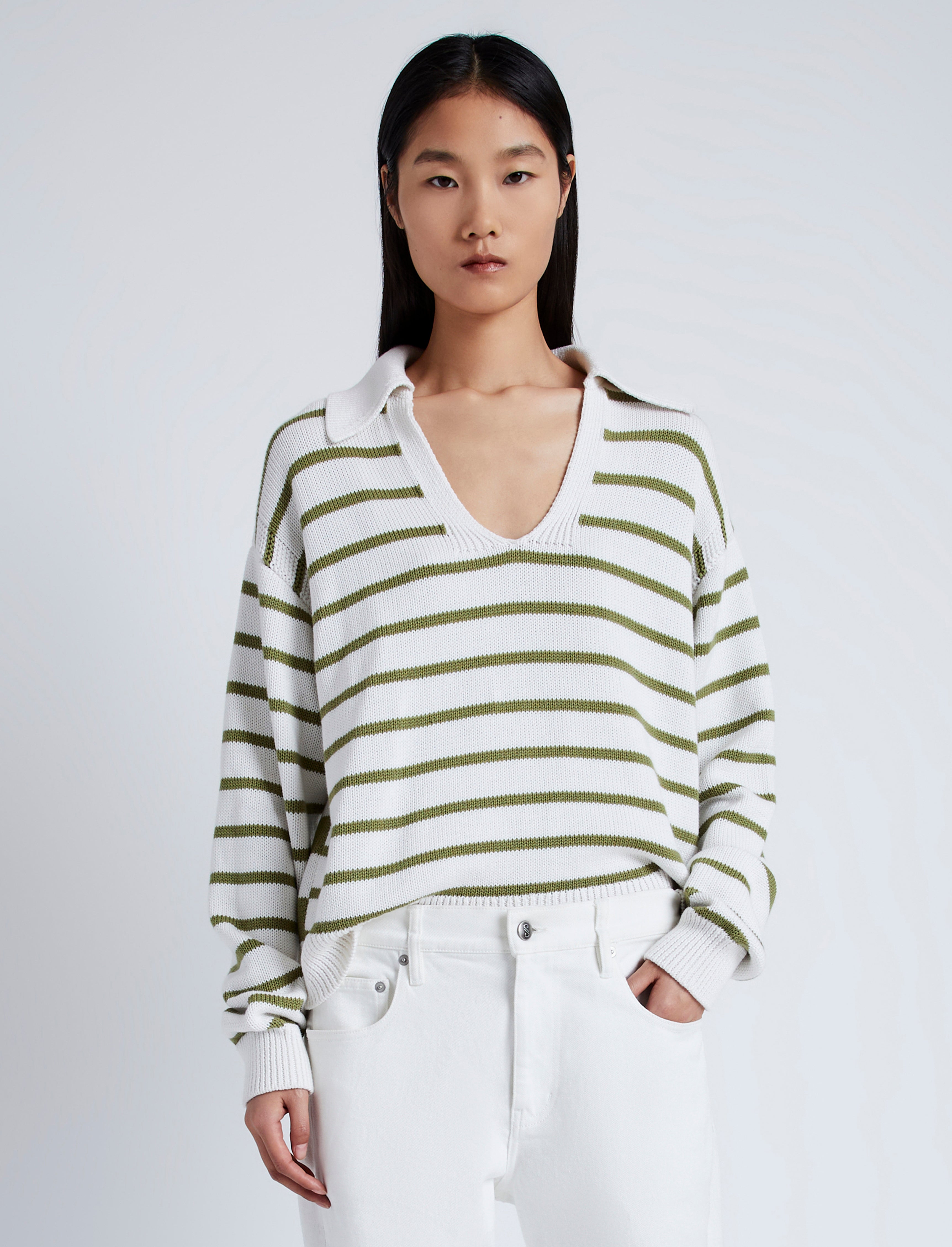 Proenza Schouler White Label Murphy Sweater in Striped Cotton Cashmere Chalk Willow Proenza Schouler Official Site