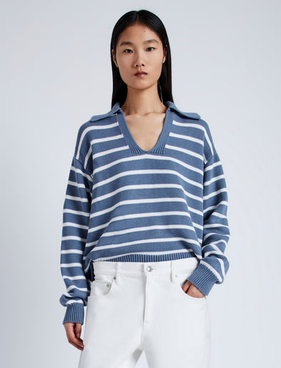 Front image of Stripe Murphy Sweater in Cotton Cashmere in CHALK/SLATE