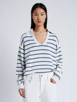 Front image of model wearing Stripe Murphy Sweater in Cotton Cashmere in CHALK/SLATE