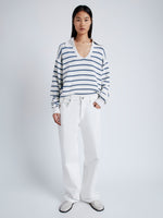 Front image of model wearing Stripe Murphy Sweater in Cotton Cashmere in CHALK/SLATE